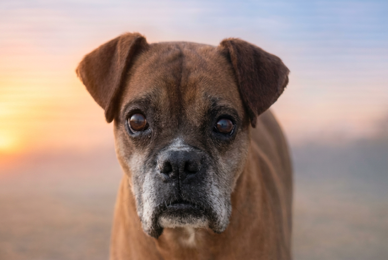 A senior shelter dog with hopeful eyes